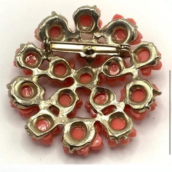 Vintage Celluloid Rose Floral Brooch in Coral and Gold - Picture 2 of 5
